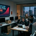 Game developers gather in a studio as a screen projects gaming industry layoffs surpassing 14,000 in 2026.