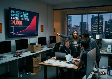 Game developers gather in a studio as a screen projects gaming industry layoffs surpassing 14,000 in 2026.
