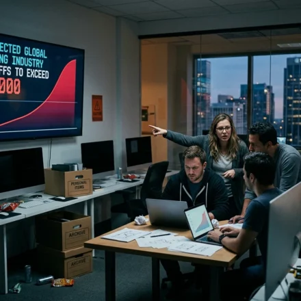 Game developers gather in a studio as a screen projects gaming industry layoffs surpassing 14,000 in 2026.