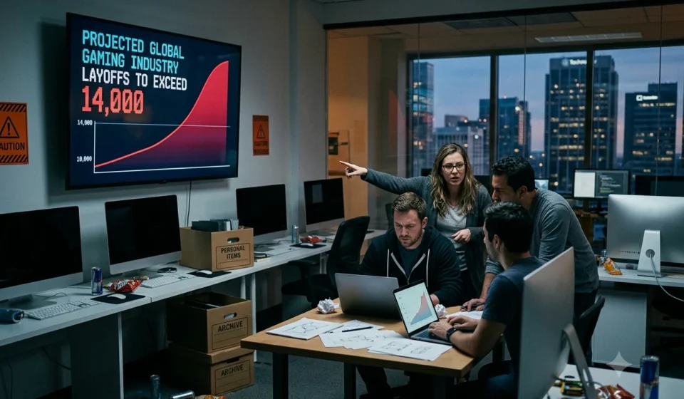 Game developers gather in a studio as a screen projects gaming industry layoffs surpassing 14,000 in 2026.