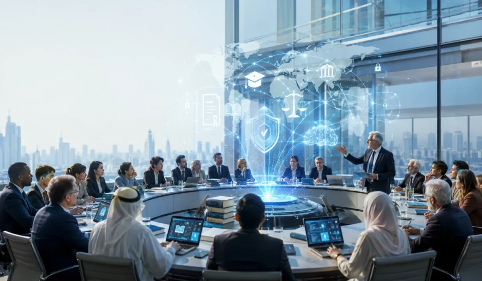 Global university leaders discuss AI education framework at an international summit meeting.