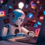 AI robot using a laptop surrounded by social media icons, representing global digital platform oversight.