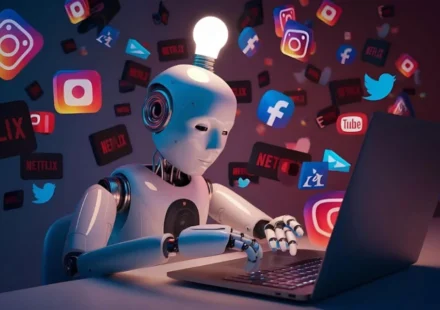 AI robot using a laptop surrounded by social media icons, representing global digital platform oversight.