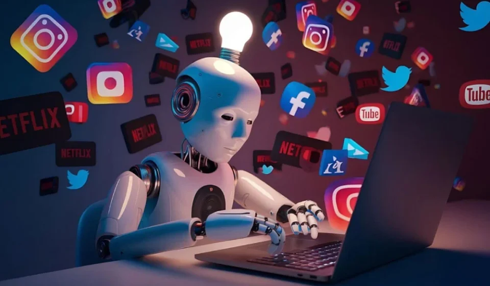AI robot using a laptop surrounded by social media icons, representing global digital platform oversight.