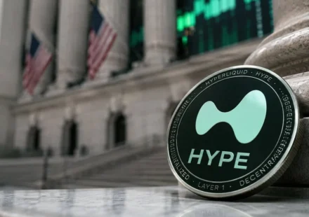 Hyperliquid HYPE token displayed outside a financial building, symbolizing SEC crypto policy talks.