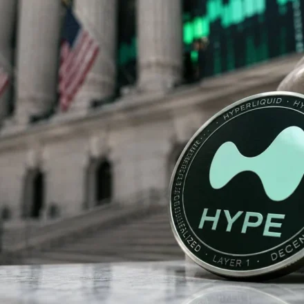 Hyperliquid HYPE token displayed outside a financial building, symbolizing SEC crypto policy talks.