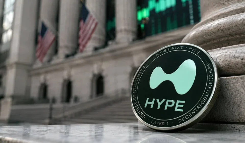 Hyperliquid HYPE token displayed outside a financial building, symbolizing SEC crypto policy talks.
