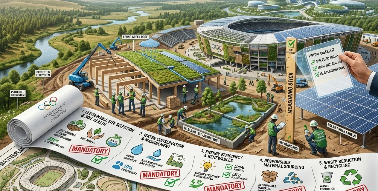 Eco friendly Olympic stadium with solar panels, green roofs, and sustainable venue construction plans