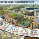 Eco friendly Olympic stadium with solar panels, green roofs, and sustainable venue construction plans