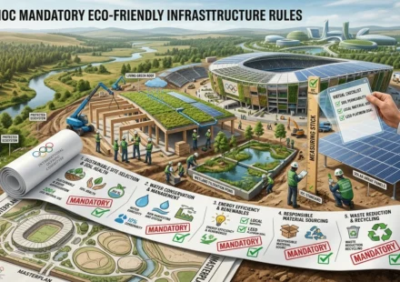 Eco friendly Olympic stadium with solar panels, green roofs, and sustainable venue construction plans