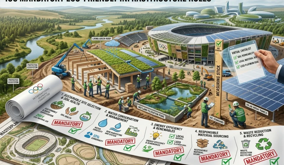 Eco friendly Olympic stadium with solar panels, green roofs, and sustainable venue construction plans