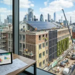 Modern residential building retrofit with solar panels, insulation upgrades, and construction workers under updated net zero codes.