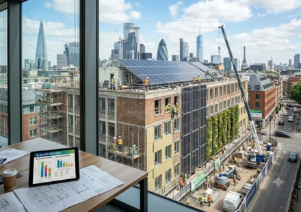 Modern residential building retrofit with solar panels, insulation upgrades, and construction workers under updated net zero codes.
