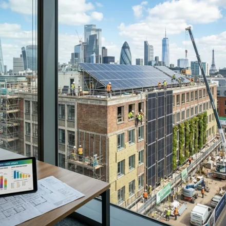 Modern residential building retrofit with solar panels, insulation upgrades, and construction workers under updated net zero codes.