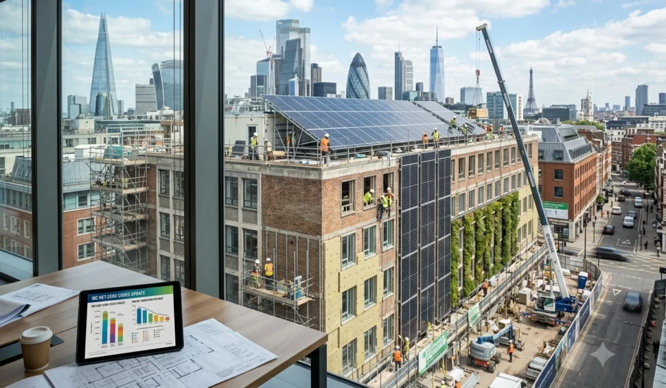 Modern residential building retrofit with solar panels, insulation upgrades, and construction workers under updated net zero codes.