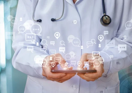 Doctor using a smartphone with digital healthcare icons illustrating online medical communication and AI.