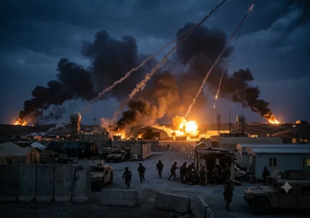 Ballistic missiles streak across the night sky as explosions erupt near a military base amid conflict escalation.