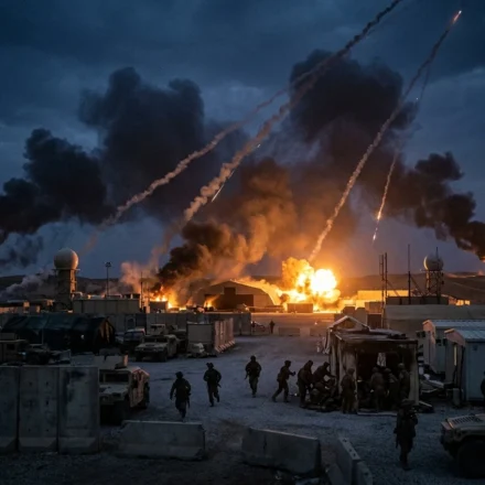 Ballistic missiles streak across the night sky as explosions erupt near a military base amid conflict escalation.