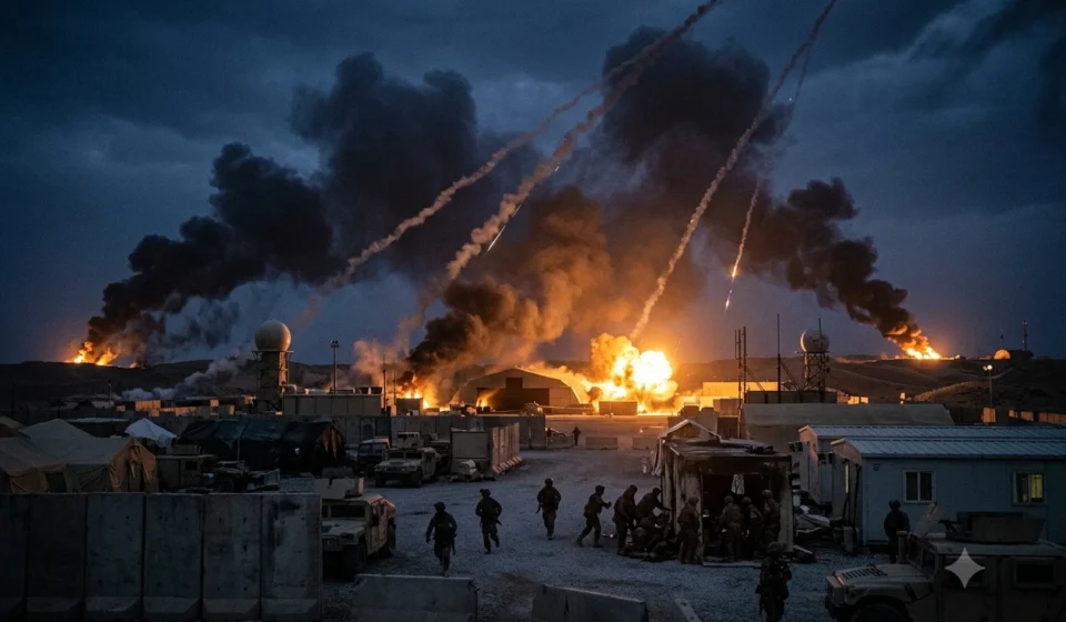 Ballistic missiles streak across the night sky as explosions erupt near a military base amid conflict escalation.