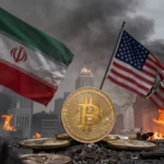 Bitcoin amid Iran US conflict as smoke, fire, and damaged American flag reflect crypto market turmoil