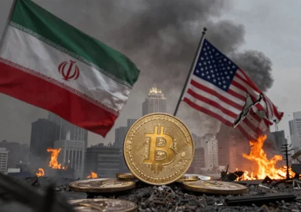 Bitcoin amid Iran US conflict as smoke, fire, and damaged American flag reflect crypto market turmoil