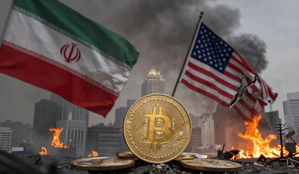 Bitcoin amid Iran US conflict as smoke, fire, and damaged American flag reflect crypto market turmoil