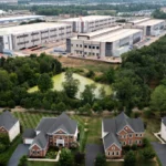 Aerial view of homes beside a large industrial data center complex surrounded by trees and greenery.