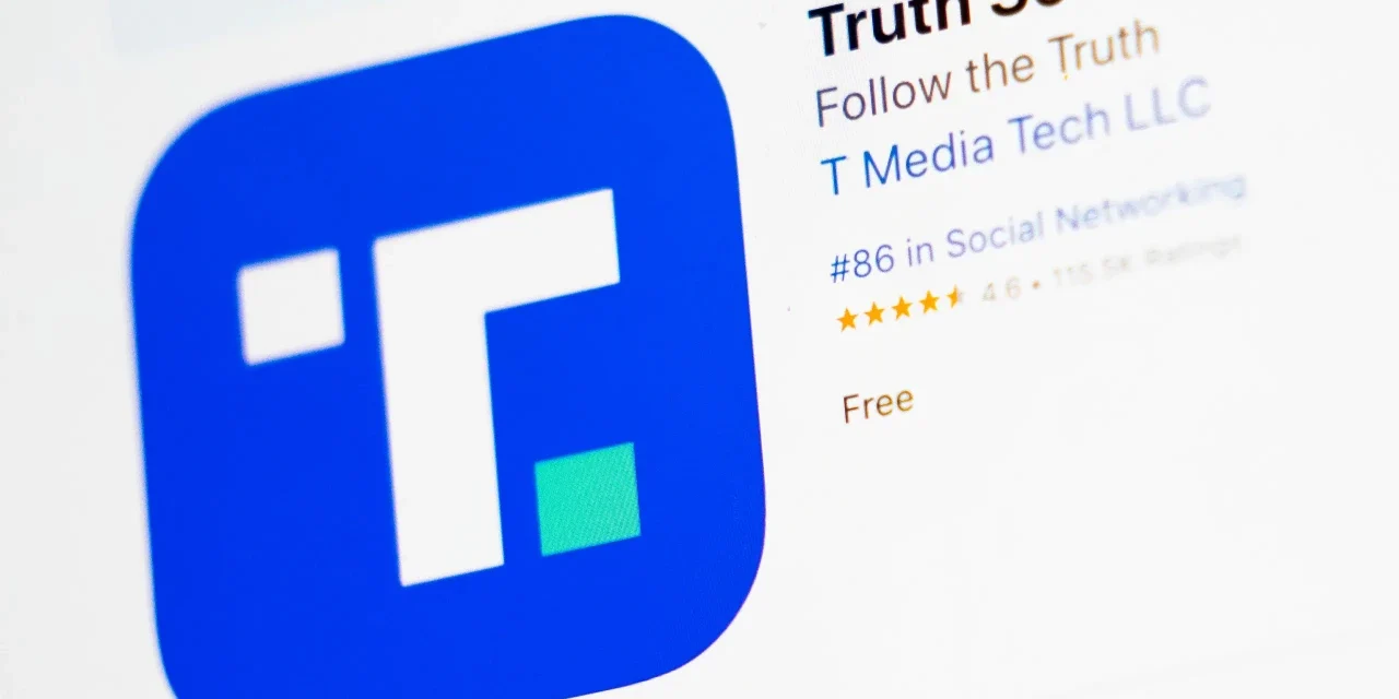 Truth Social app listing displayed on a mobile screen highlighting the platform and its branding online.