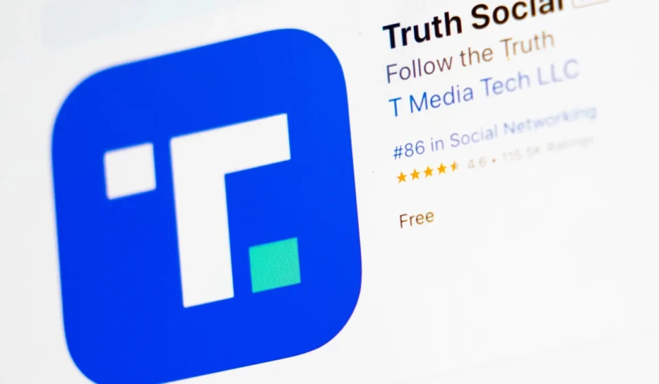 Truth Social app listing displayed on a mobile screen highlighting the platform and its branding online.