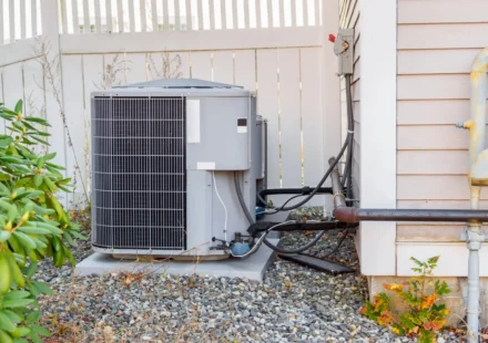 Outdoor residential HVAC condenser unit installed beside a house with utility connections and fence backdrop