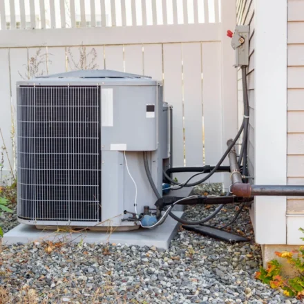 Outdoor residential HVAC condenser unit installed beside a house with utility connections and fence backdrop