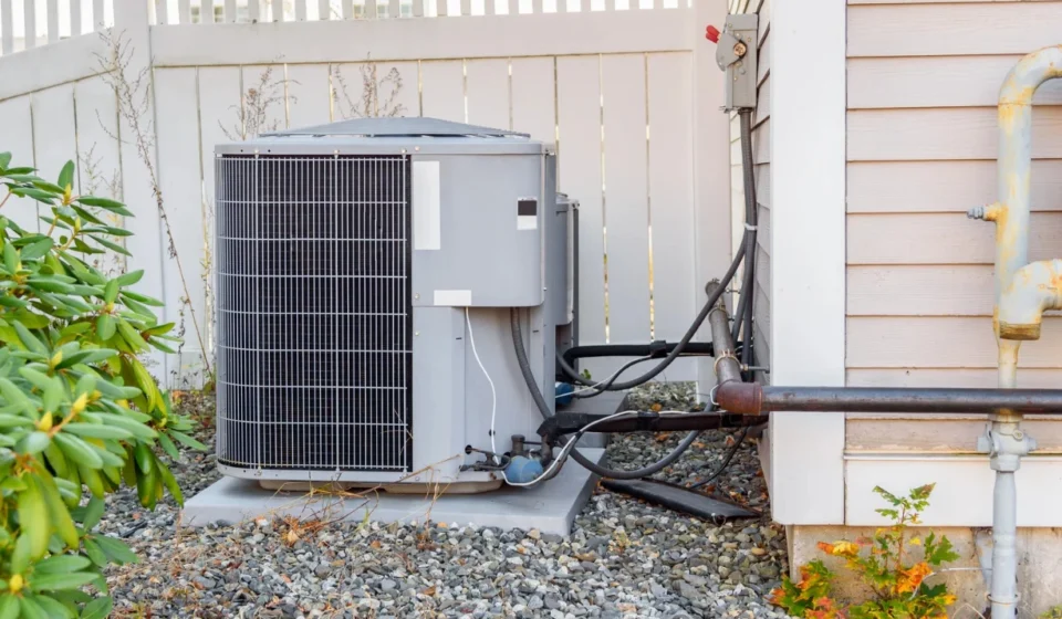 Outdoor residential HVAC condenser unit installed beside a house with utility connections and fence backdrop
