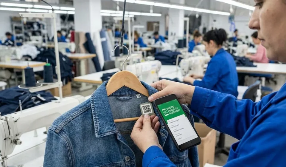 Garment worker scanning a QR code on a denim jacket for digital material traceability in a clothing factory.