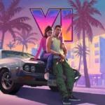 GTA 6 artwork featuring two protagonists beside a classic car with palm trees at colorful sunset skyline