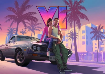 GTA 6 artwork featuring two protagonists beside a classic car with palm trees at colorful sunset skyline