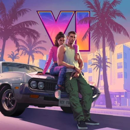GTA 6 artwork featuring two protagonists beside a classic car with palm trees at colorful sunset skyline