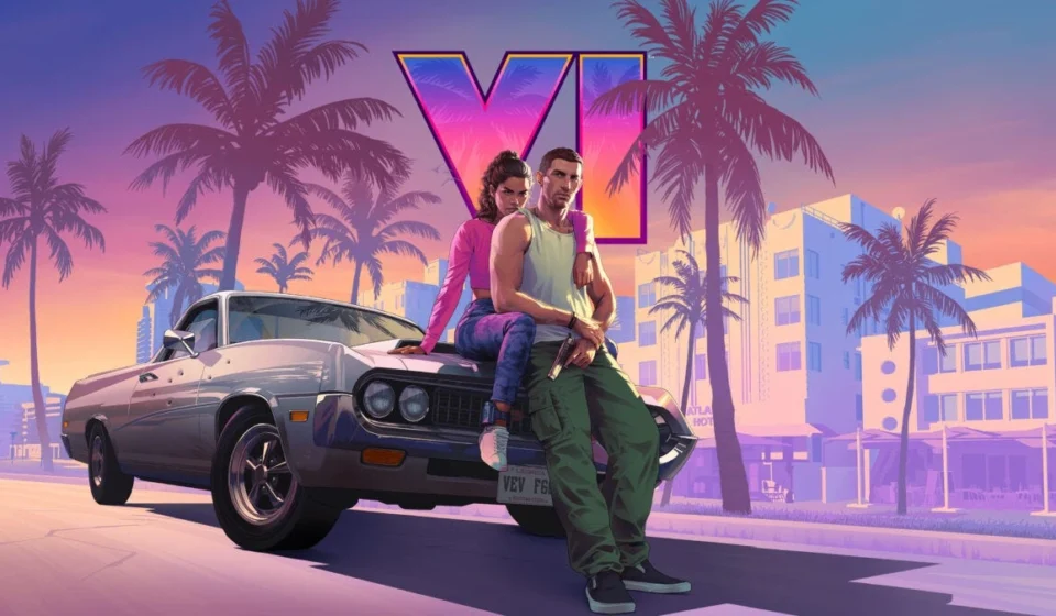 GTA 6 artwork featuring two protagonists beside a classic car with palm trees at colorful sunset skyline