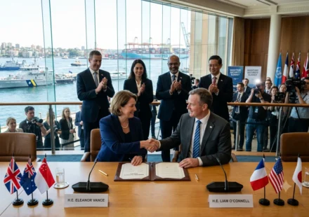 Diplomats shake hands after signing a maritime security treaty as officials applaud beside a busy port.