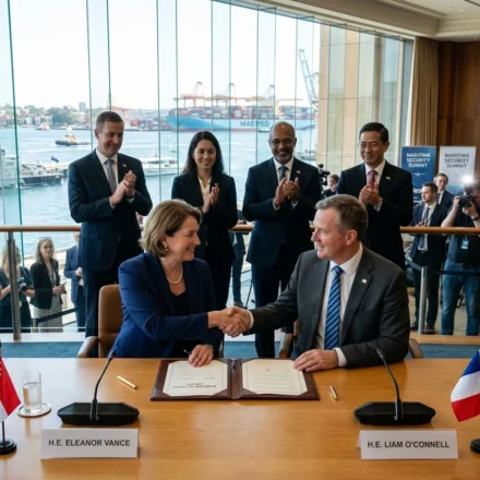 Diplomats shake hands after signing a maritime security treaty as officials applaud beside a busy port.