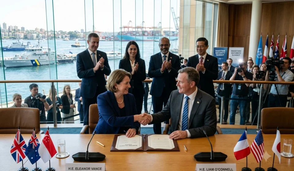 Diplomats shake hands after signing a maritime security treaty as officials applaud beside a busy port.