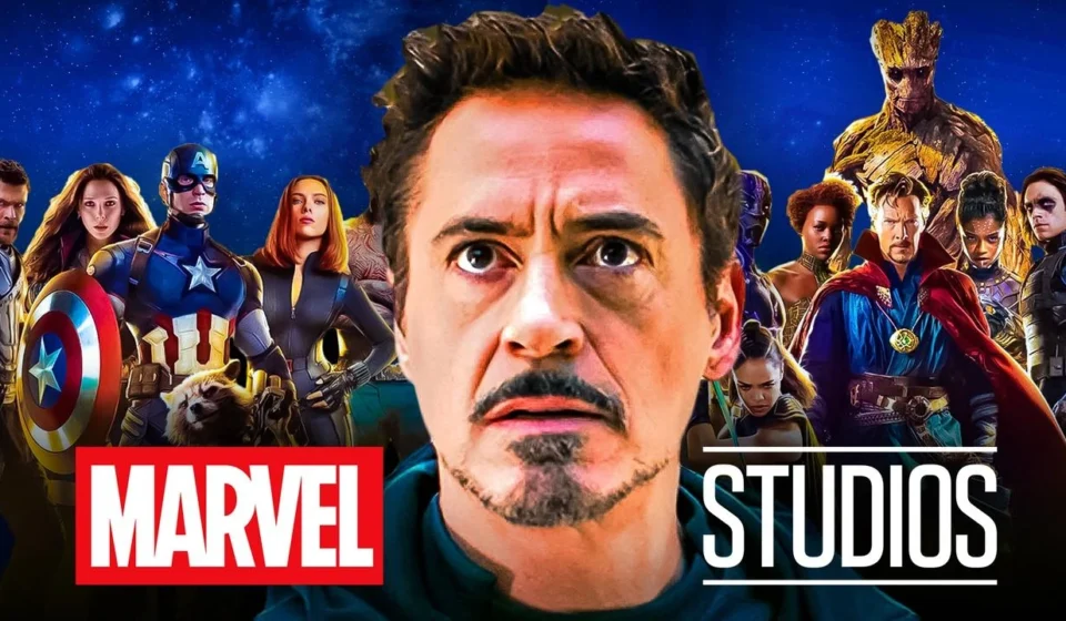 Marvel Studios heroes led by Iron Man with Captain America, Doctor Strange, Groot, and Avengers ensemble backdrop