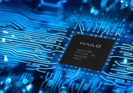 Hailo edge AI processor chip displayed on a blue circuit board representing advanced embedded AI technology.