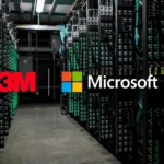Server racks in AI data center with 3M and Microsoft logos for Azure cloud platform partnership deal.