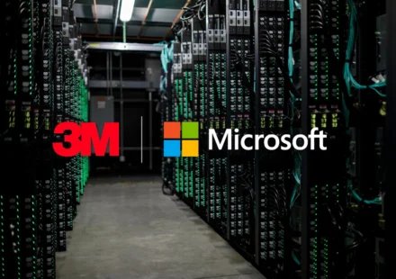 Server racks in AI data center with 3M and Microsoft logos for Azure cloud platform partnership deal.