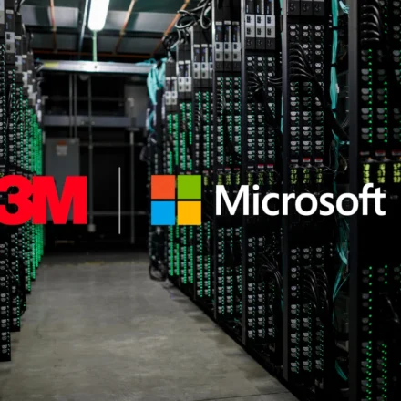 Server racks in AI data center with 3M and Microsoft logos for Azure cloud platform partnership deal.