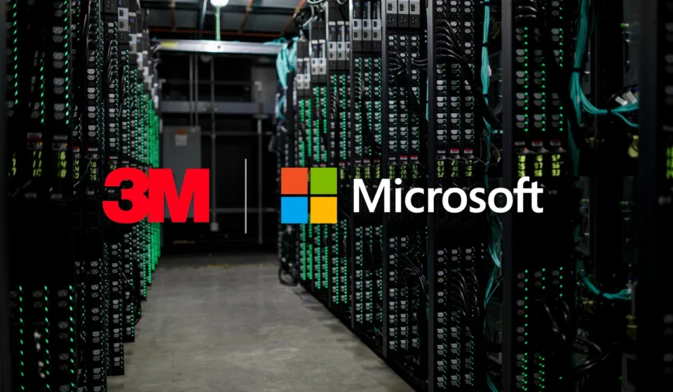 Server racks in AI data center with 3M and Microsoft logos for Azure cloud platform partnership deal.