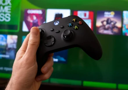 Black gaming controller held before a cloud gaming interface on a screen showing next generation console services.