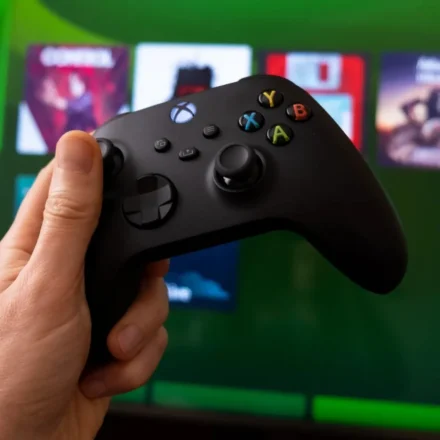 Black gaming controller held before a cloud gaming interface on a screen showing next generation console services.