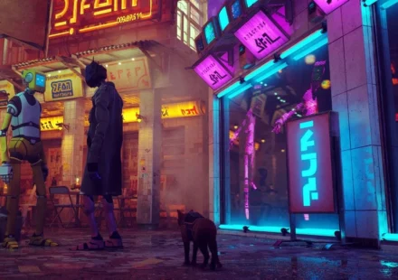 Futuristic city street with robots, neon lights, and a gamer exploring an AI powered cyberpunk worldscape.
