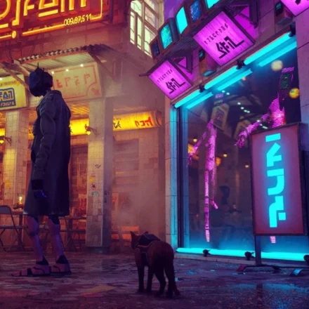 Futuristic city street with robots, neon lights, and a gamer exploring an AI powered cyberpunk worldscape.
